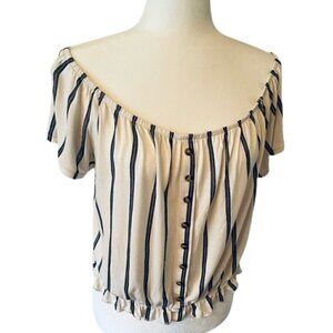 VINTAGE On/Off Shoulder Off White Top - Black Strip - Waist Elastic - Size L
